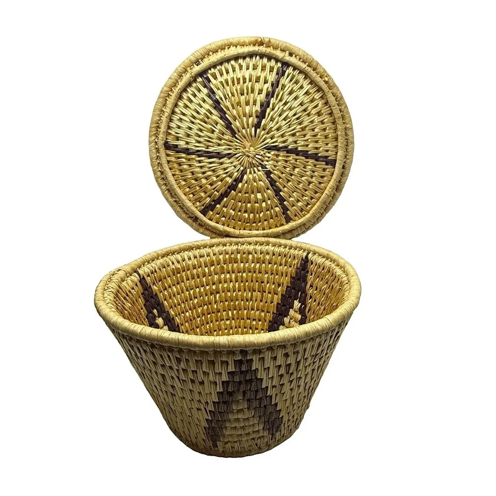 African Lidded Basket Handwoven Raffia Geometric Boho Afrohemian Decor Storage